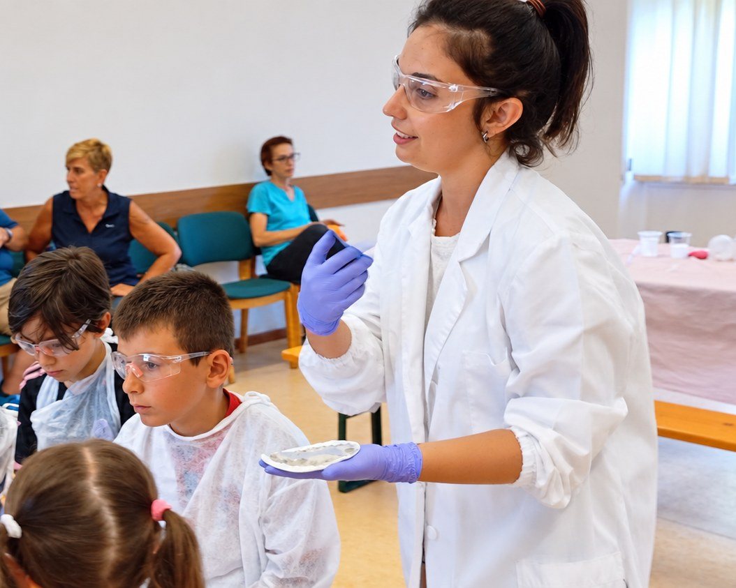 Andrea in camice e occhiali protettivi guida un gruppo di bambini durante un laboratorio scientifico